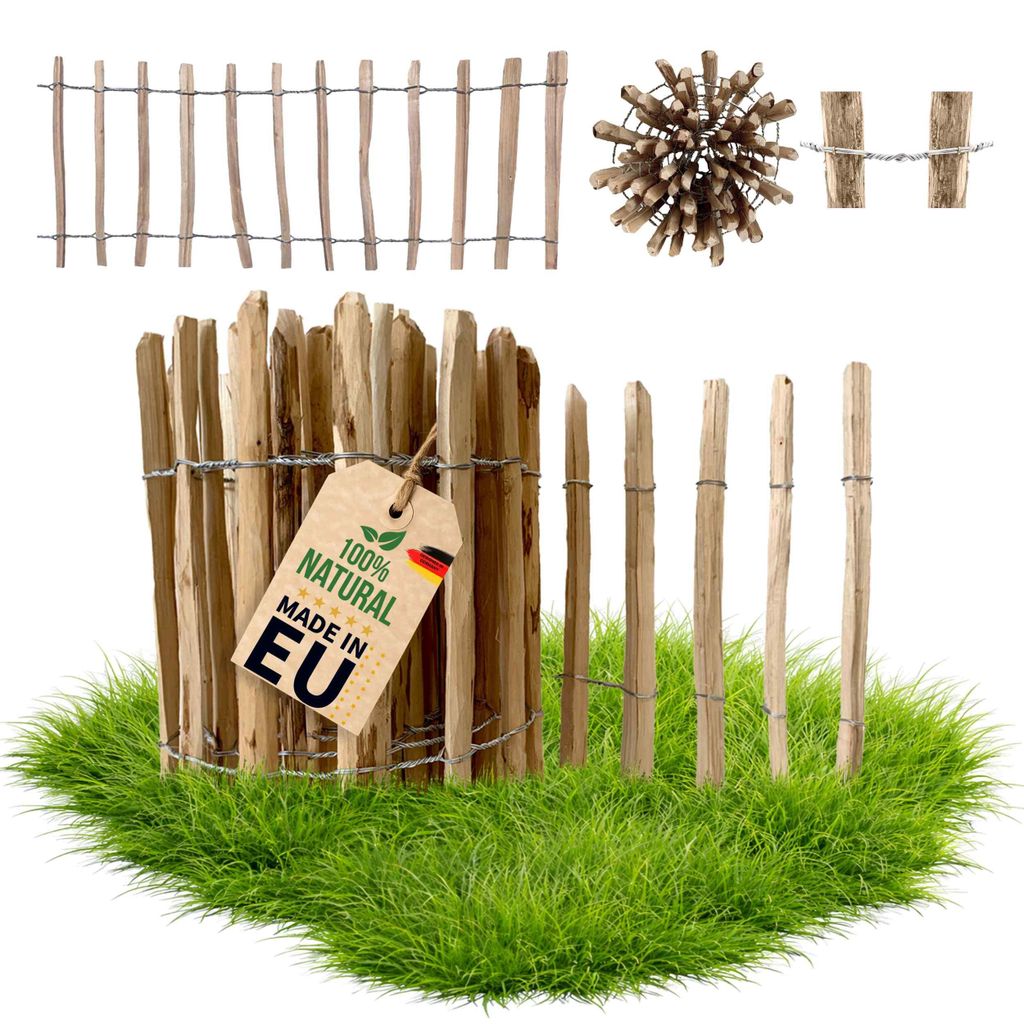 Floranica Staketenzaun aus Haselnuss Kastanie 5m lang x 50cm hoch 8-10cm Höhe Lattenabstand, Gartenbegrenzung,Hundezaun, Holzzaun beetzaun