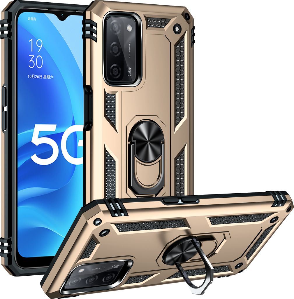 OPPO A55 5G Hülle, Dual Layer Militäre Fallschutz Schutzhülle mit Ringhalterung Ständer für OPPO A55 5G Gold
