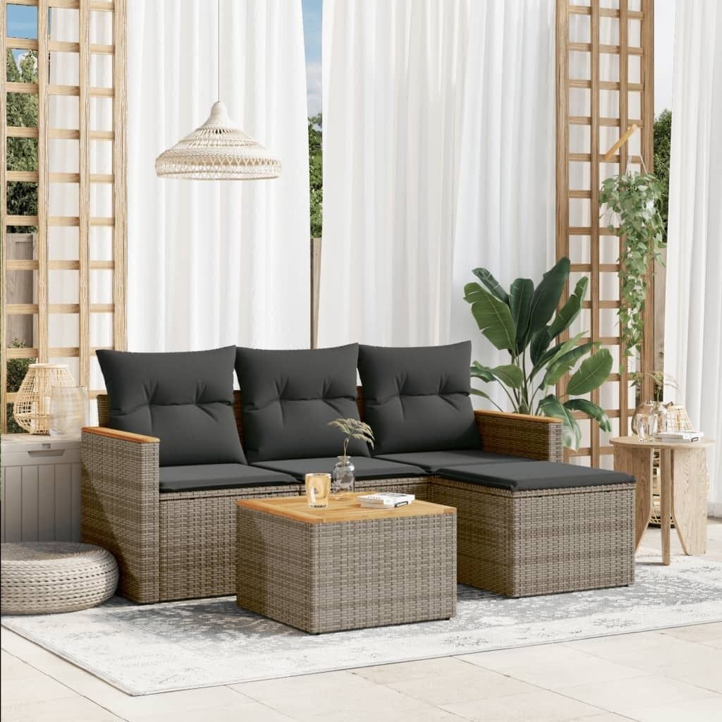 Design 5-tlg. Garten-Sofagarnitur mit Kissen Grau Poly Rattan, Gartenmöbel-Sets 2024 Neu