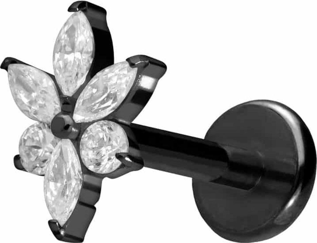 Ohrpiercing, Nasenpiercing Titan Labret mit Push Fit KRISTALLBLUME Schwarz Stablänge: 10mm | Stabstärke: 1mm
