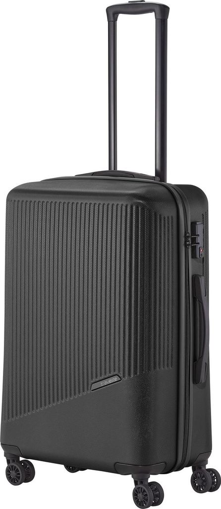 A black travel suitcase with a retractable handle and wheels, shown from the front.
