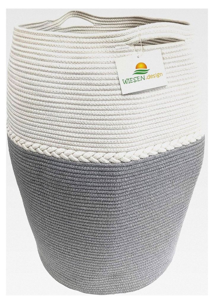 Korb Jamila Ø46/39xH65 cm Grau/Weiß/105 L, geflochtener Aufbewahrungskorb aus Baumwolle, für Kinderzimmer und Badezimmer, faltbarer Wäschekorb,...