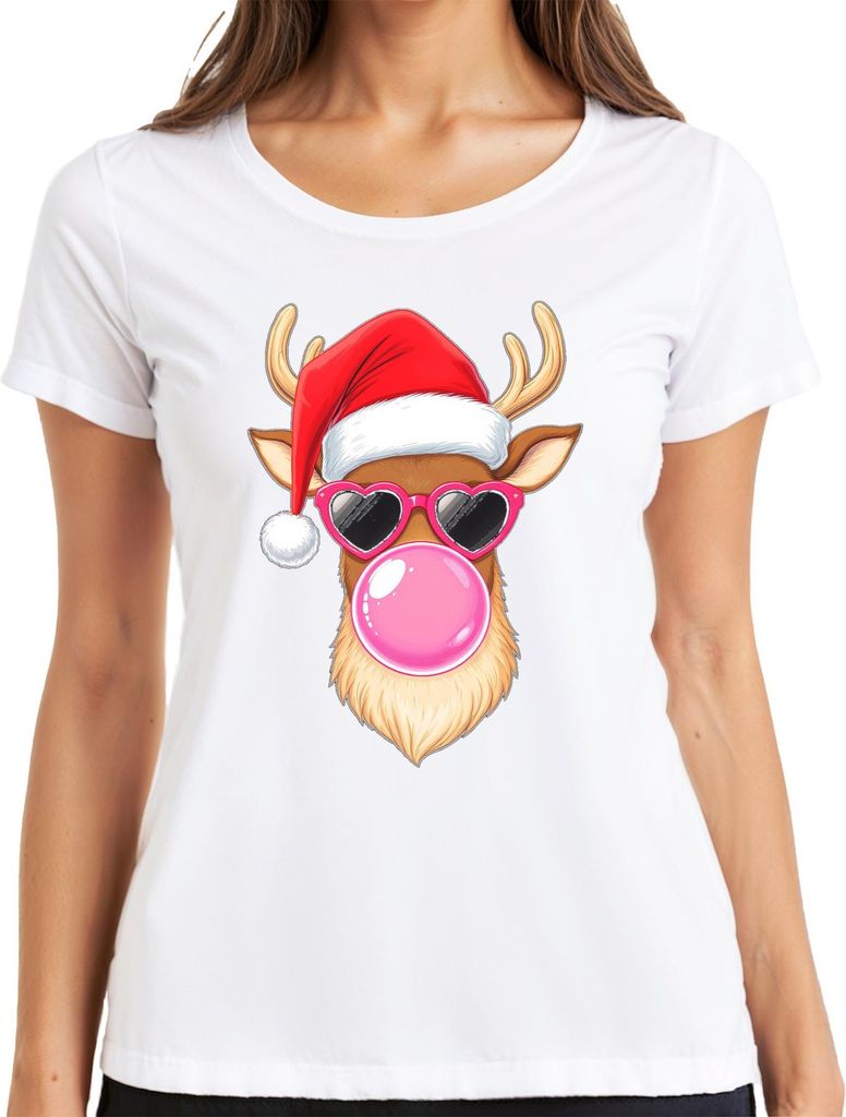 Weihnachtsrentier mit Kaugummi Herzbrille Weihnachtsmütze Cool Damen T-Shirt, Weiß, XXL
