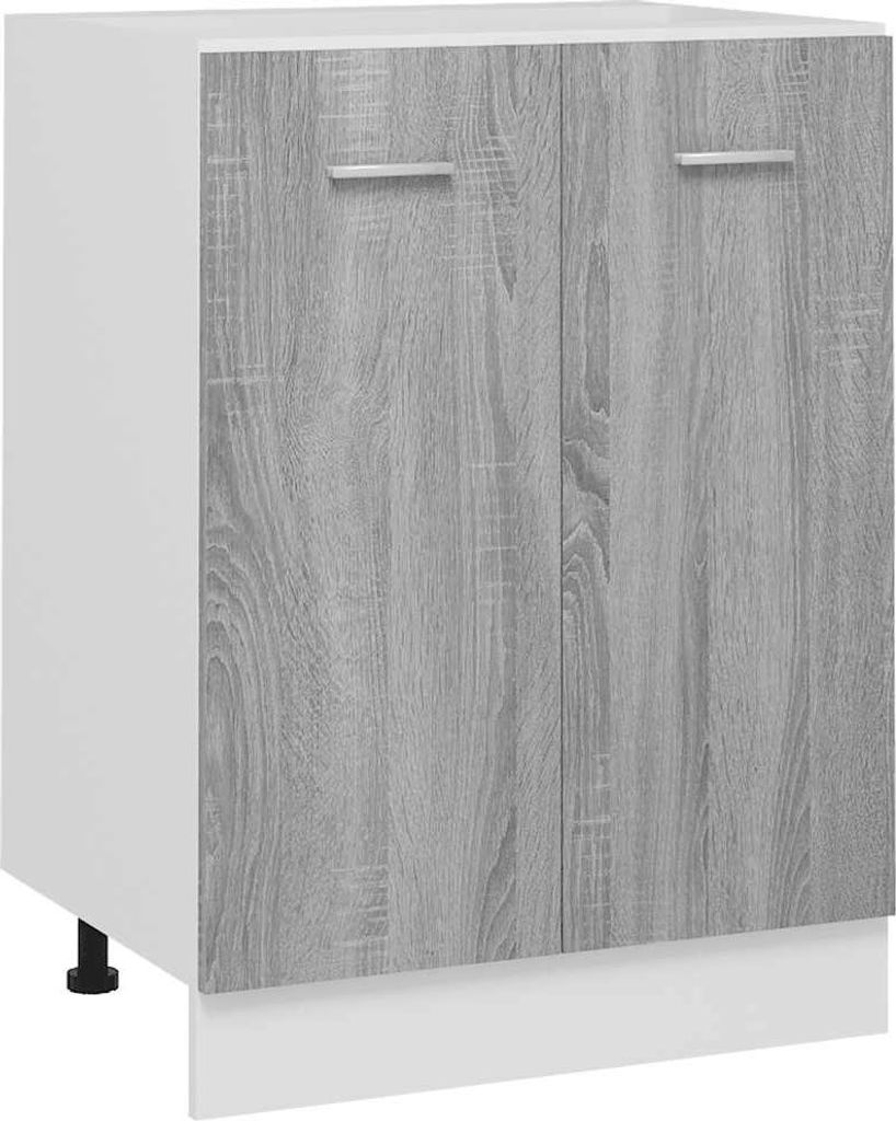 A white and gray wooden cabinet with two doors and silver handles, standing on black legs.