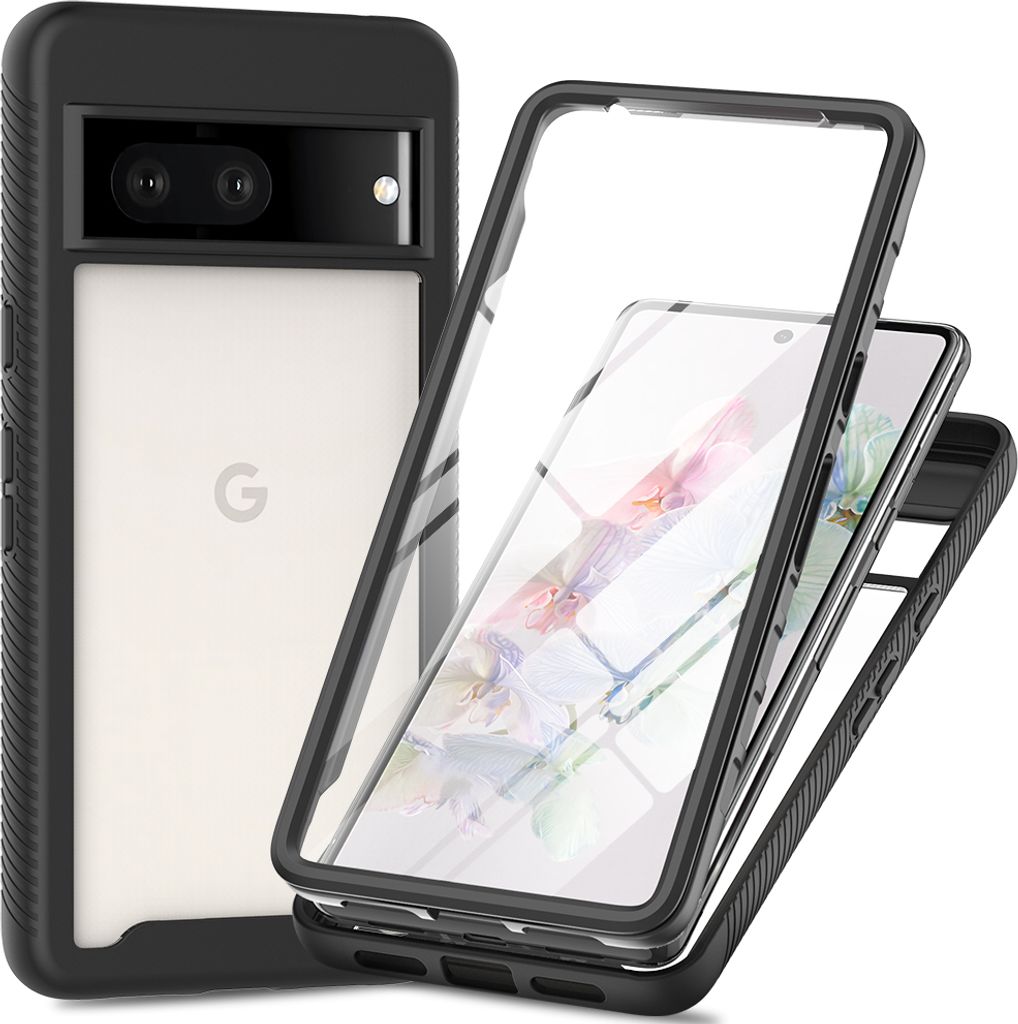Google Pixel 7 Pro Hülle, TPU Bumper mit Eingebautem Displayschutz 360 Grad Komplettschutz Schutzhülle für Google Pixel 7 Pro Schwarz