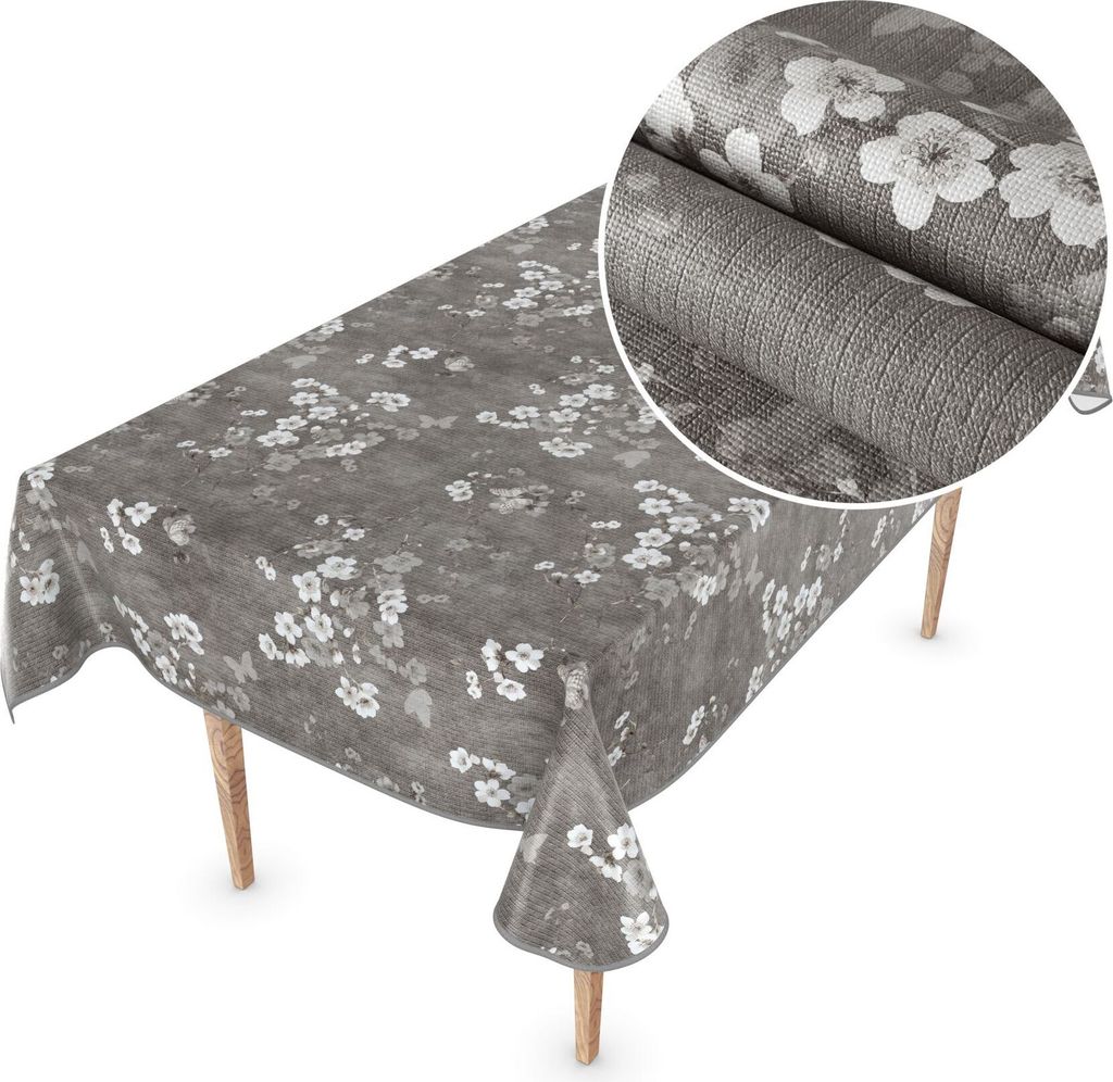 Tischdecke Wachstuch Premium Blumen Grau Robust Wasserabweisend Breite 140 cm Länge 180 cm