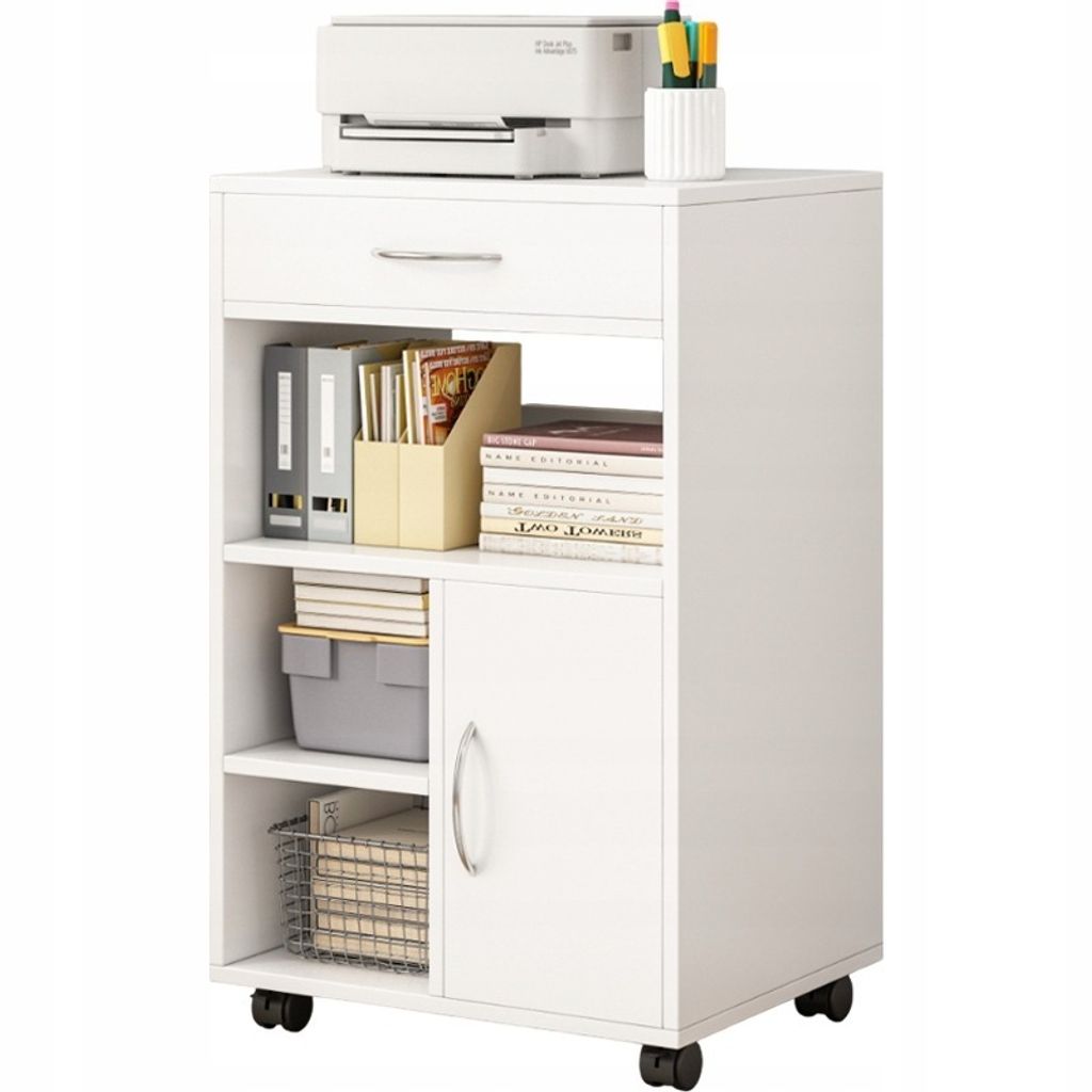 A white multi-functional cabinet with a printer on top, on a white background.