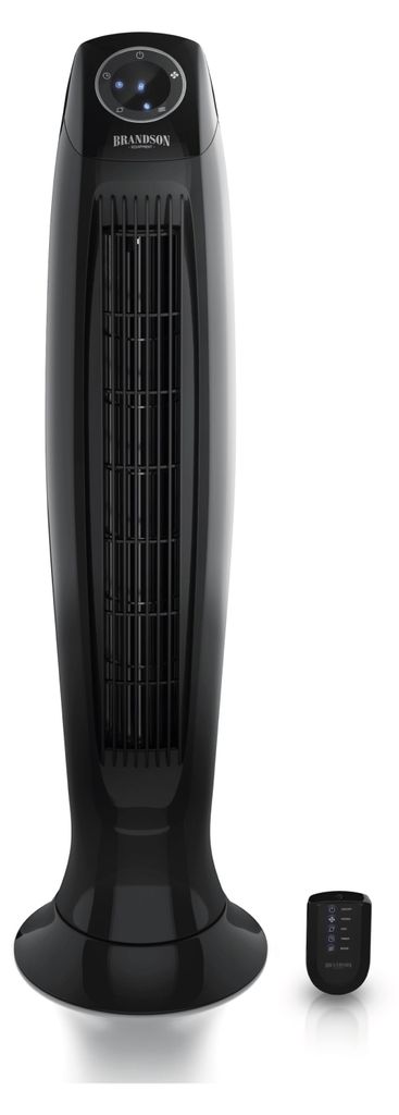 A black tower fan and its remote control against a white background.