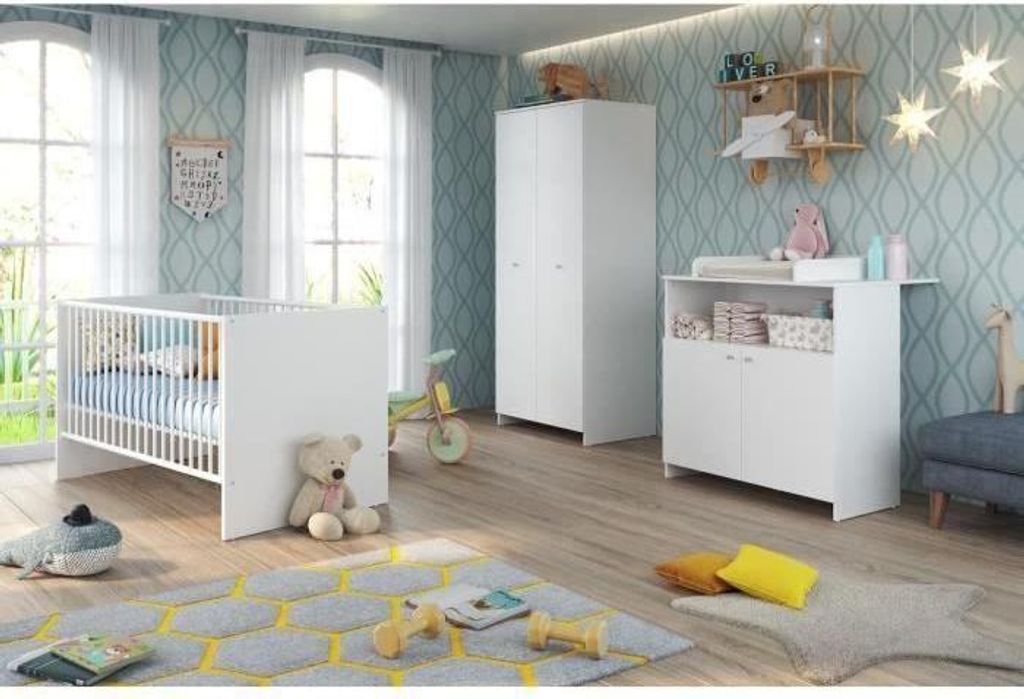 Babyzimmer Set: Kinderbett 70 x 140 cm, Wickelkommode, Kleiderschrank NIKO, Weiß, TREND TEAM