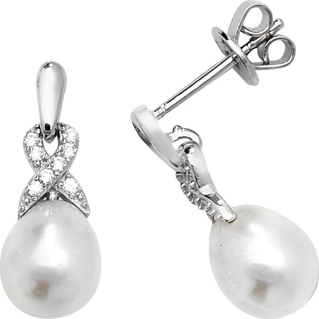 Boucles d'Oreilles Pendantes 19mm en Argent, Perle Fine et Zirconium Pur