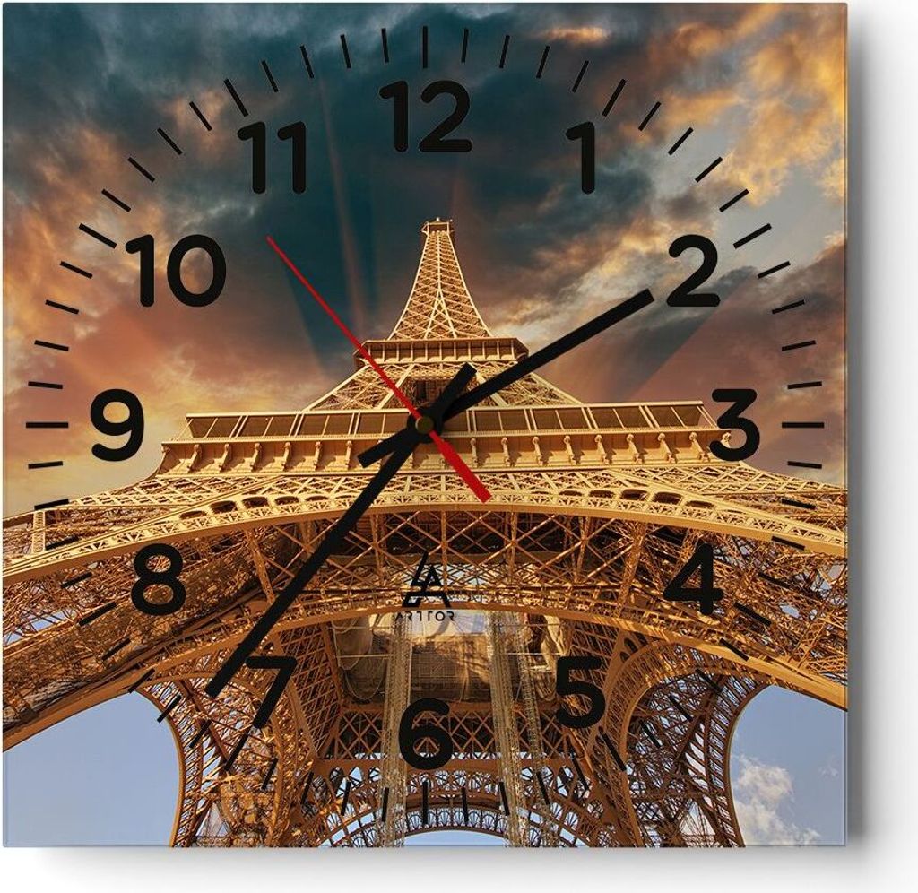 Wanduhr - Quadrat - Glasuhr - Eiffle Architektur Paris - 30x30cm - Schleichendes Uhrwerk - Lautlos - zum Aufhängen bereit - Dekoration Modern - Wa...