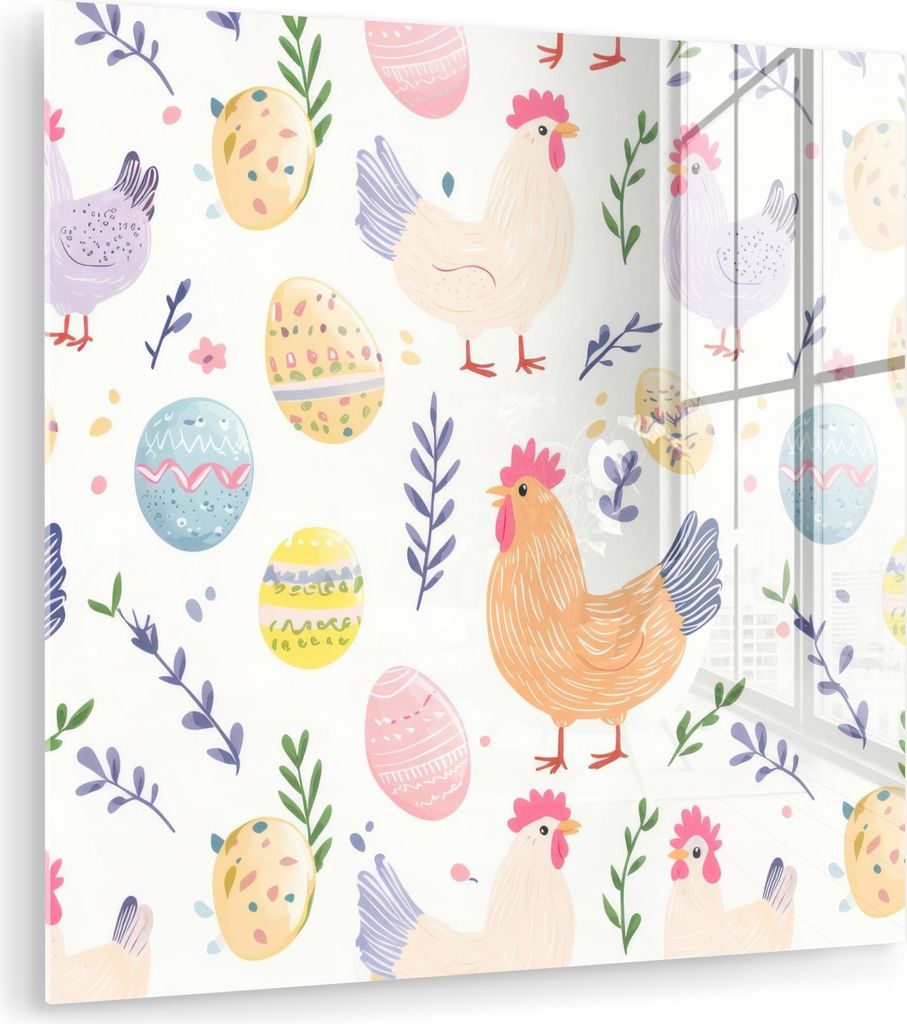 MuchoWow Glasbilder - Bilder auf Wandbild - Foto auf Glas Muster - Huhn - Ostereier 20x20 cm Wanddekoration aus Glas - Acrylglasbild - Acrylbilder ...