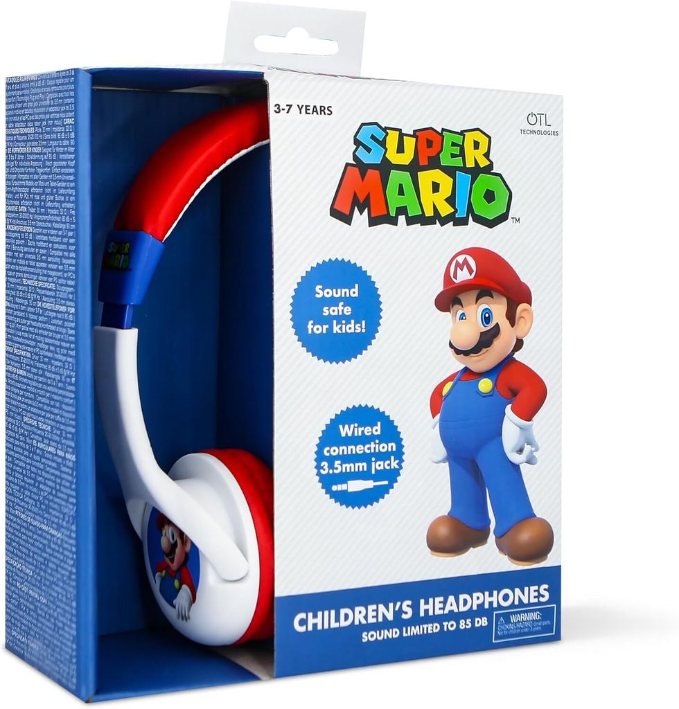 A product box for Super Mario children's headphones, showing the headphones inside and marketing graphics on the box.