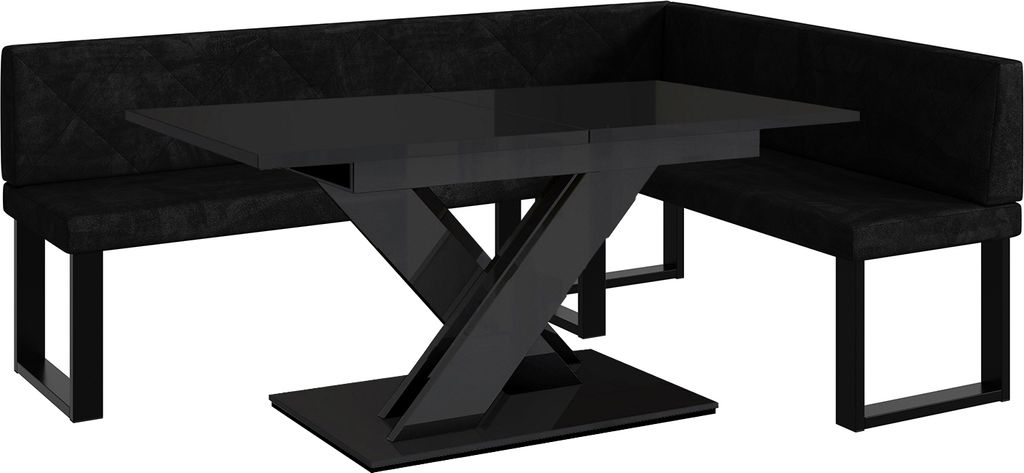MEBLINI Eckbank für Esszimmer mit ausziehbarem Tisch - Küchenbank - Essecke - Sitzecke Küche - ERIC - U-Beine 142x196x87cm Rechts - Schwarz Samt...