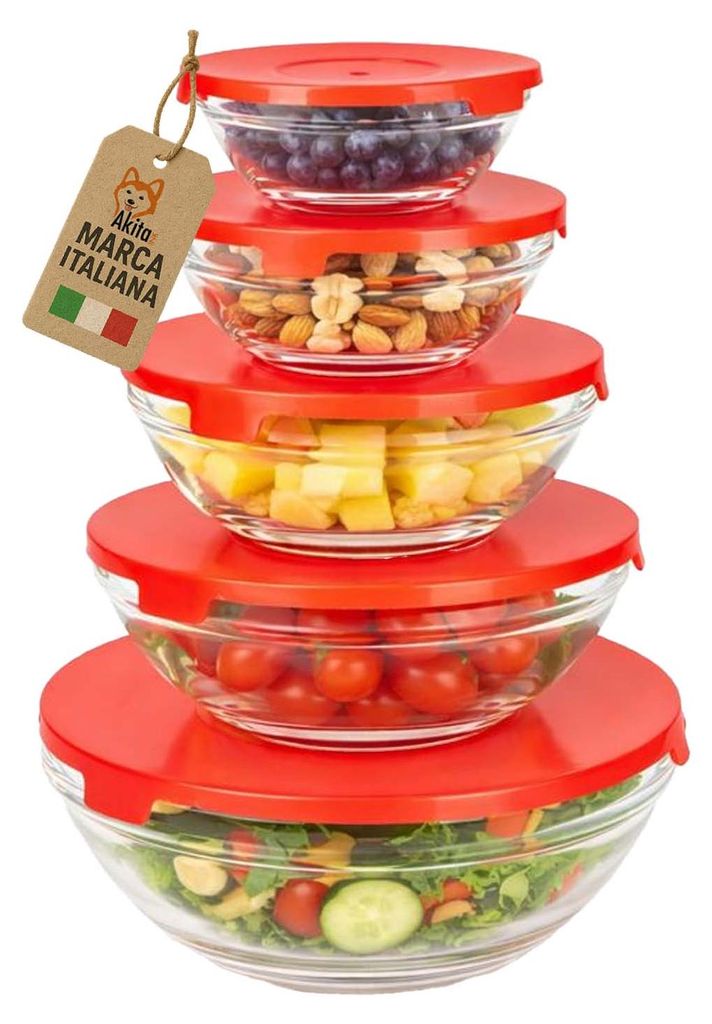 Akitaink Set 5 Contenitori in Vetro con Coperchio Rosso Immagine del prodotto 