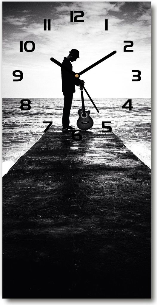 Wanduhr aus Glas – 30x60 cm - Glasbild - Glasuhr - Gehärtetes Glas -Gitarrist auf dem Pier