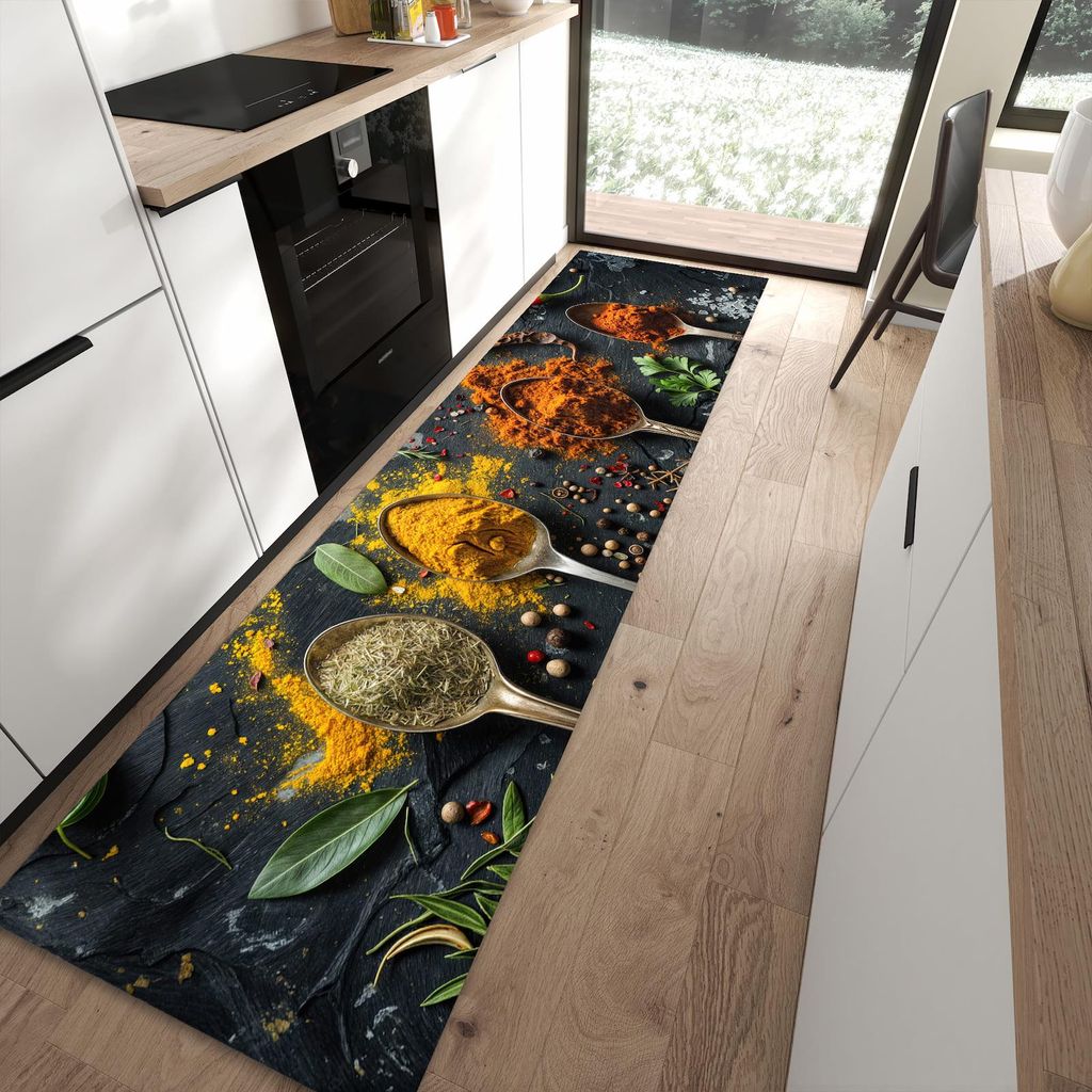 Küchenteppich 80x300cm rutschfest & abwischbar PVC Läufer - Gewürze Löffel Mix