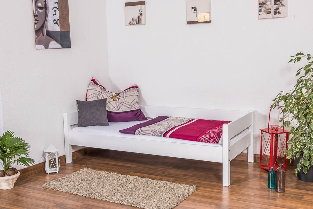 Einzelbett / Gästebett Benedikt Buche Vollholz massiv weiß lackiert, inkl. Rollrost - 90 x 200 cm
