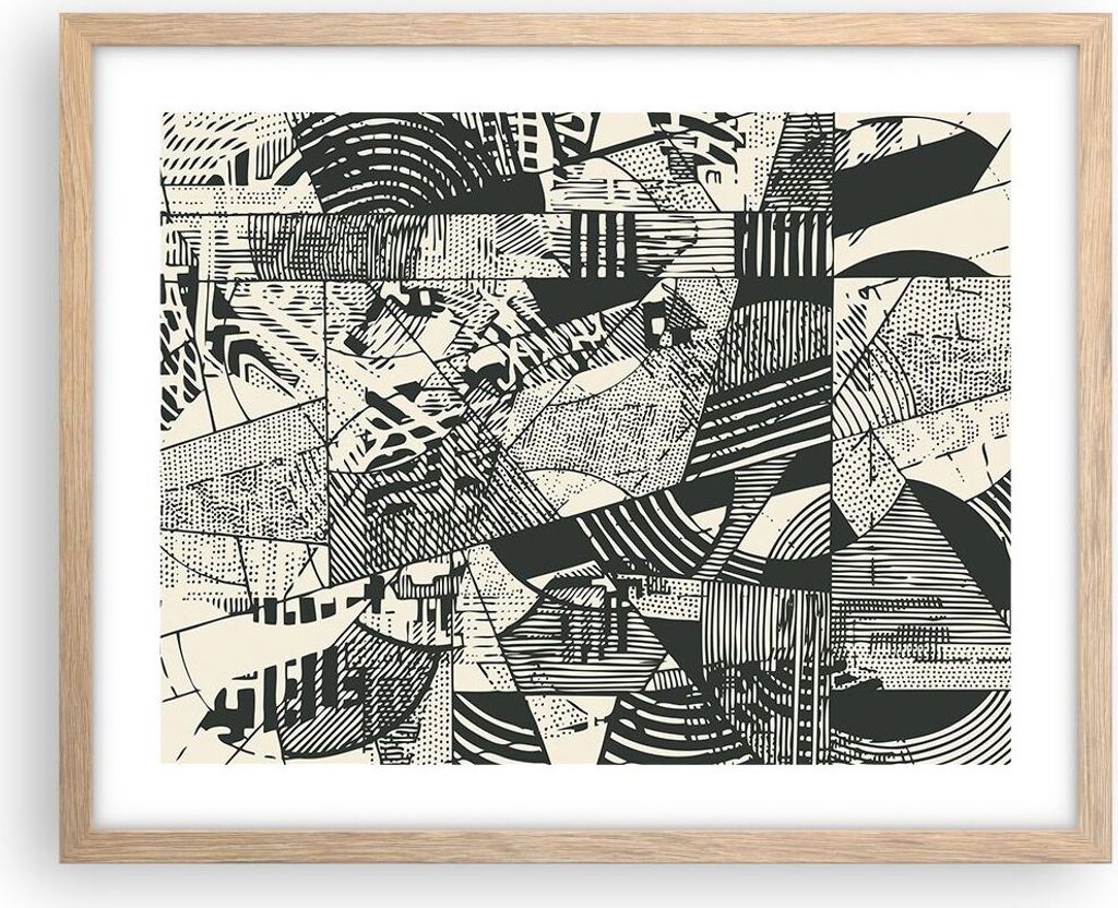 Gerahmtes Poster - Rahmen in heller Eiche - Abstraktion Vintage Schwarz - 50x40 cm - Wand Bild - Wanddeko - Wandbilder - Kunstposter - Wandposter -...