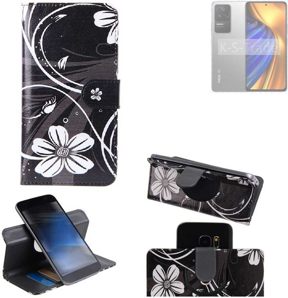 K-S-Trade Schutzhülle Handyhülle kompatibel mit POCO F4 Hülle 360° Wallet Case “Flowers“ Klapphülle Hülle schwarz-weiß 1x
