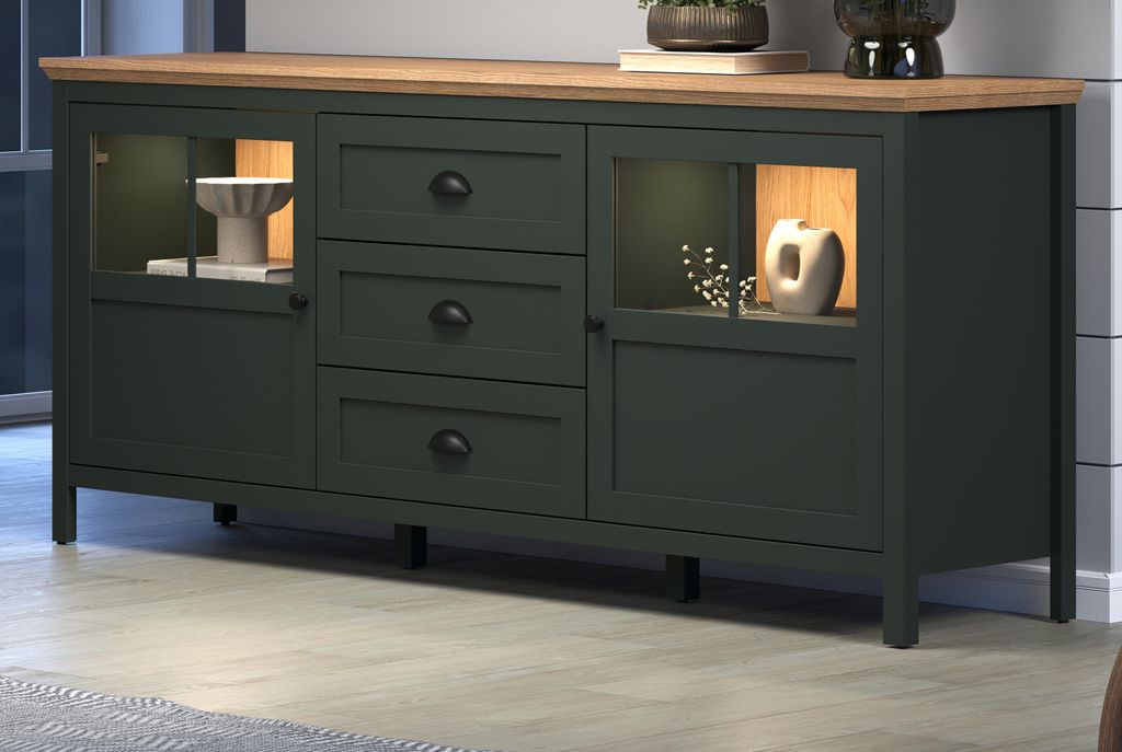 Sideboard "Stanton" Landhaus grün mit Eiche 185 cm, Wohn- und Esszimmer Kommode inklusive LED