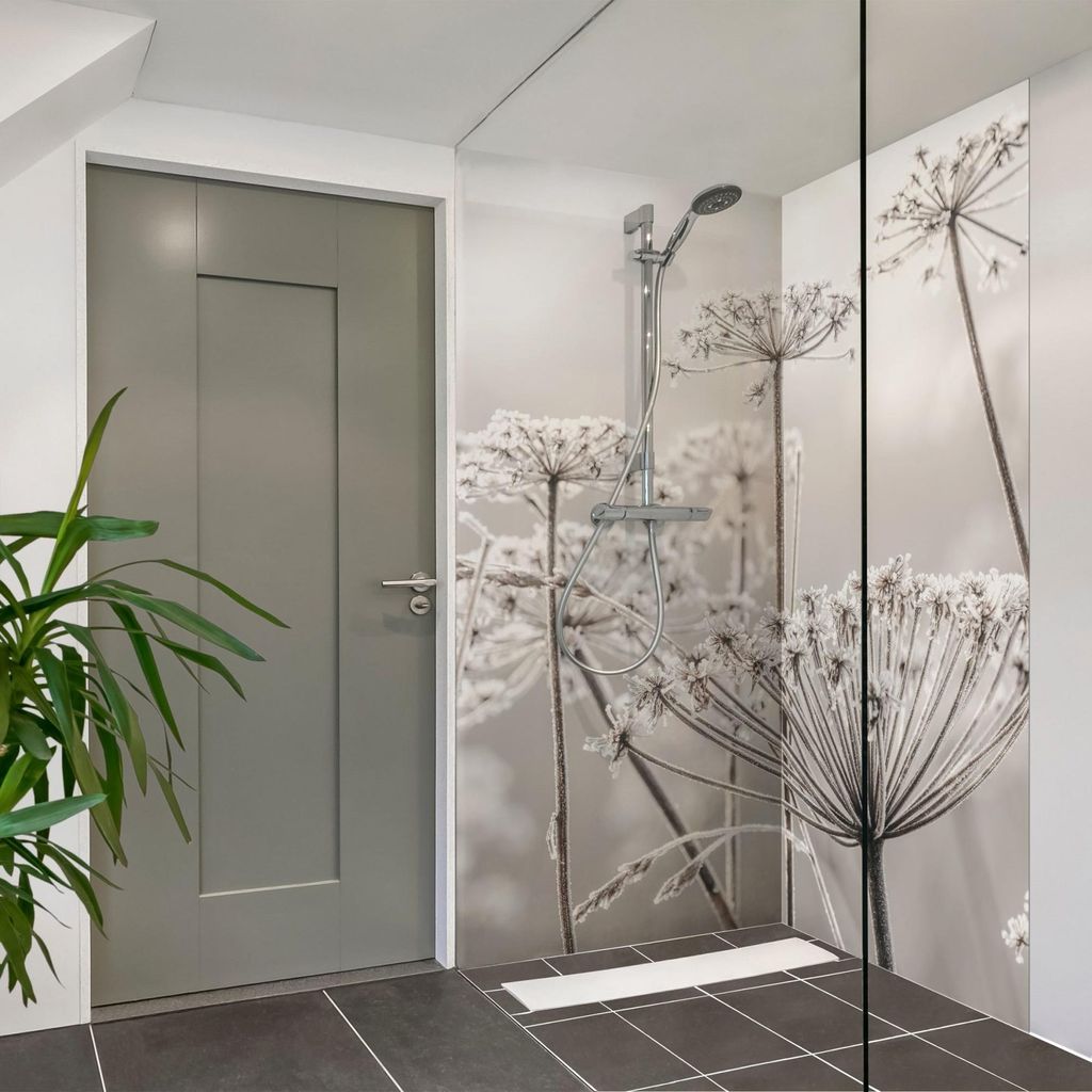 Duschrückwand mit Motiv selbstklebend - 0.61 mm Wandpaneel wasserfest Gräser beige Landhaus Badrückwand fugenlos Premium matt 110x190 cm