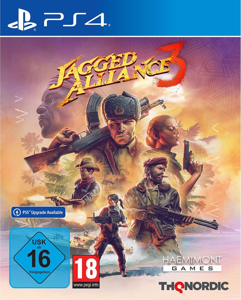 The cover art for the video game Jagged Alliance 3 on PS4, featuring several characters and the game's logo.