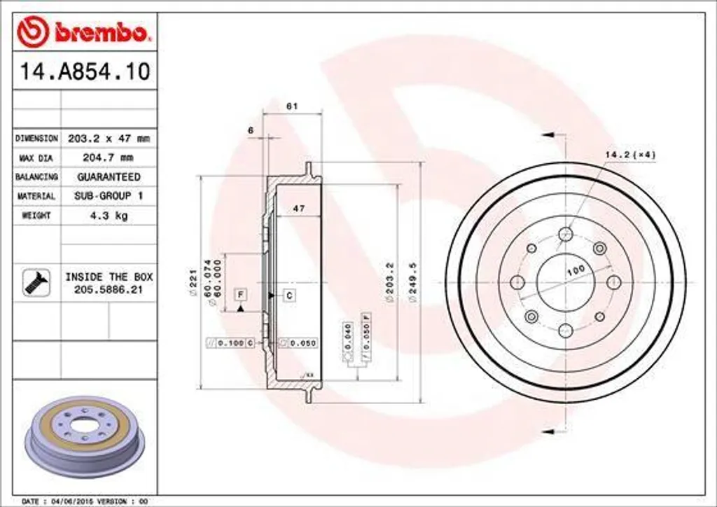 Brembo 14.A854.10 Tambour de Frein OE 55704049 pour Adam et Corsa D