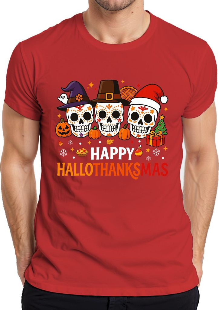 Happy Hallothanksmas Totenköpfe Dia de los Muertos Halloween Herren T-Shirt, Rot, XXL