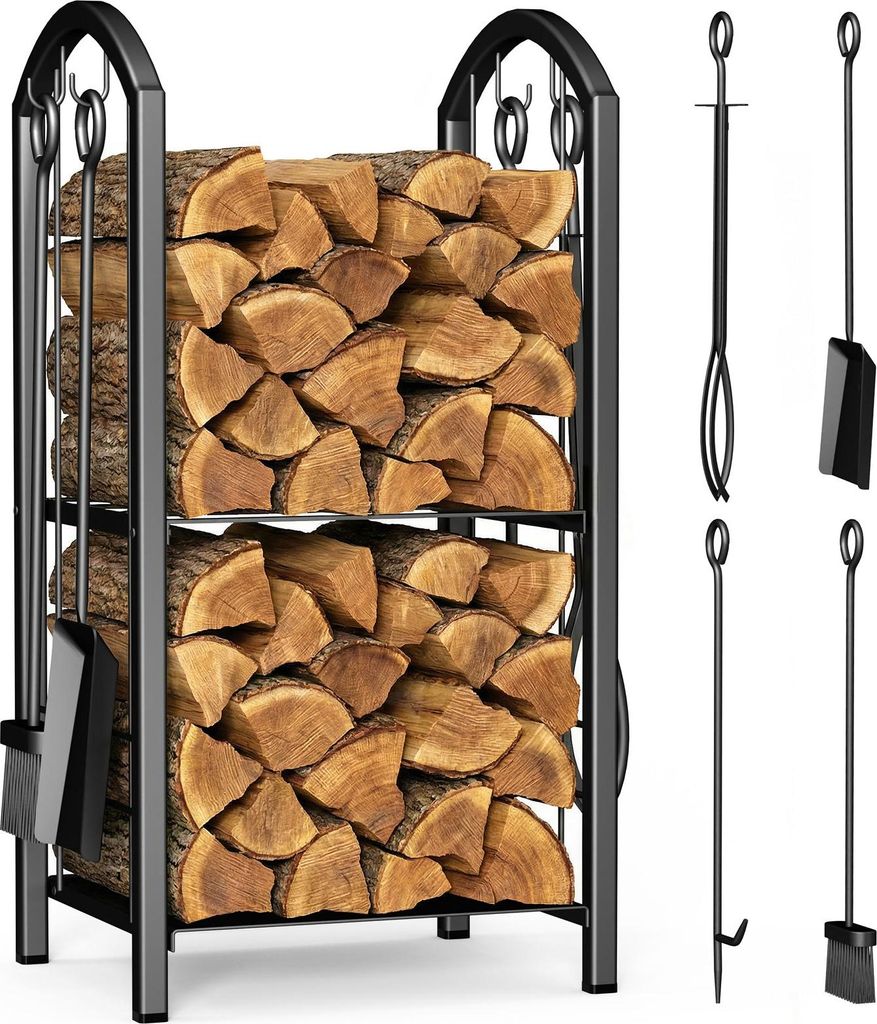 VOUNOT Kaminholzregal mit 4 Kaminbesteck, Metall Brennholzregal für Innen und Ausse, 2 Ablagen, Schwarz, 38x33x75 cm