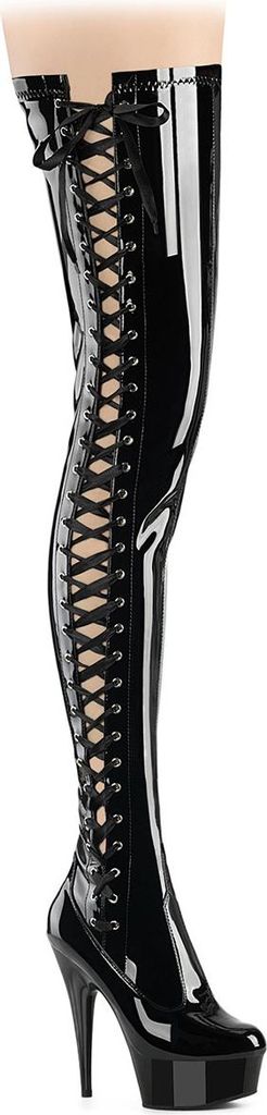 DELIGHT-4050 Pleaser High Heels Crotch Plateauoverkneestiefel schwarz Stretch Lack
