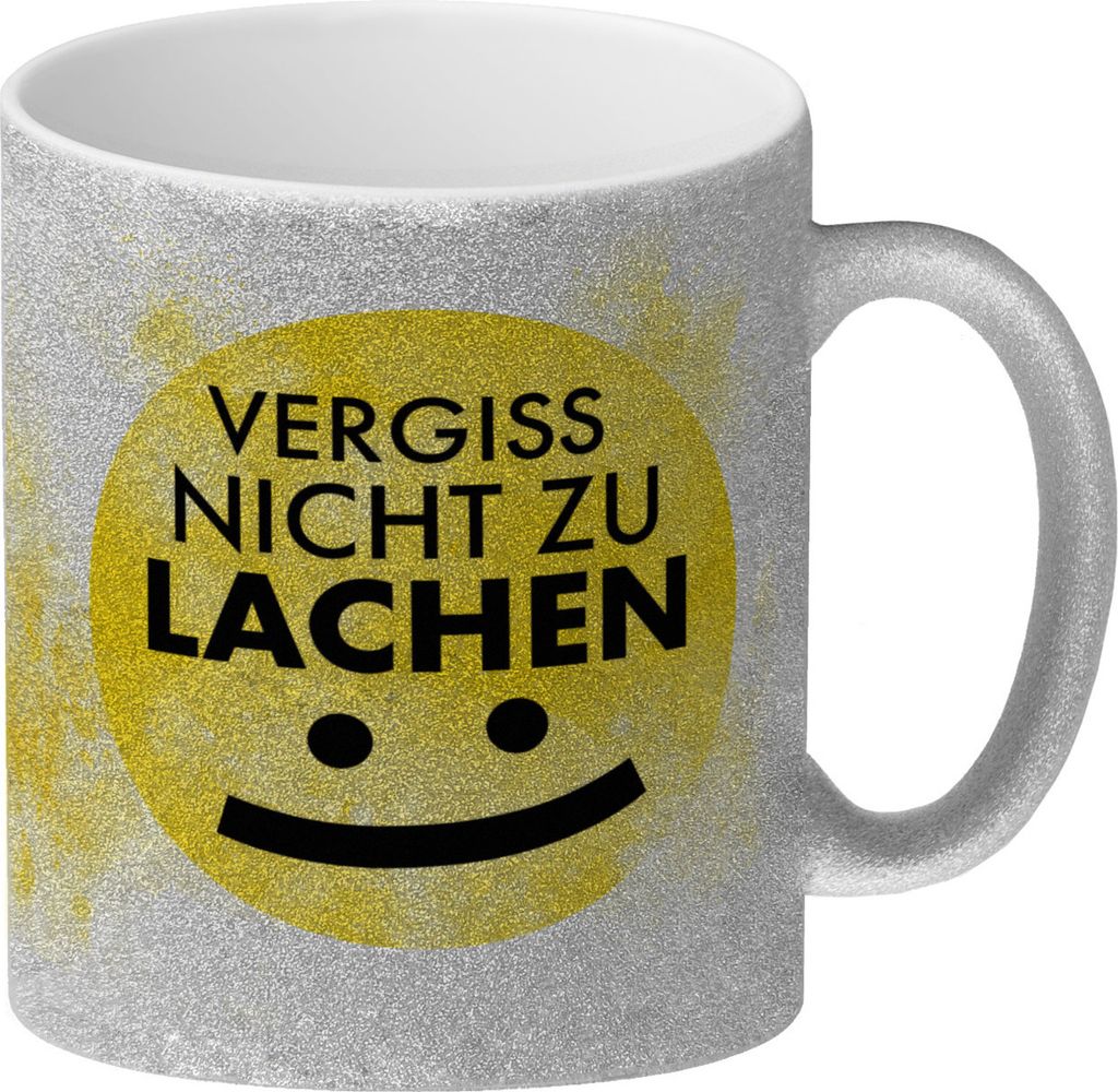 Vergiss nicht zu lachen Glitzer-Kaffeebecher gelbem Gesicht
