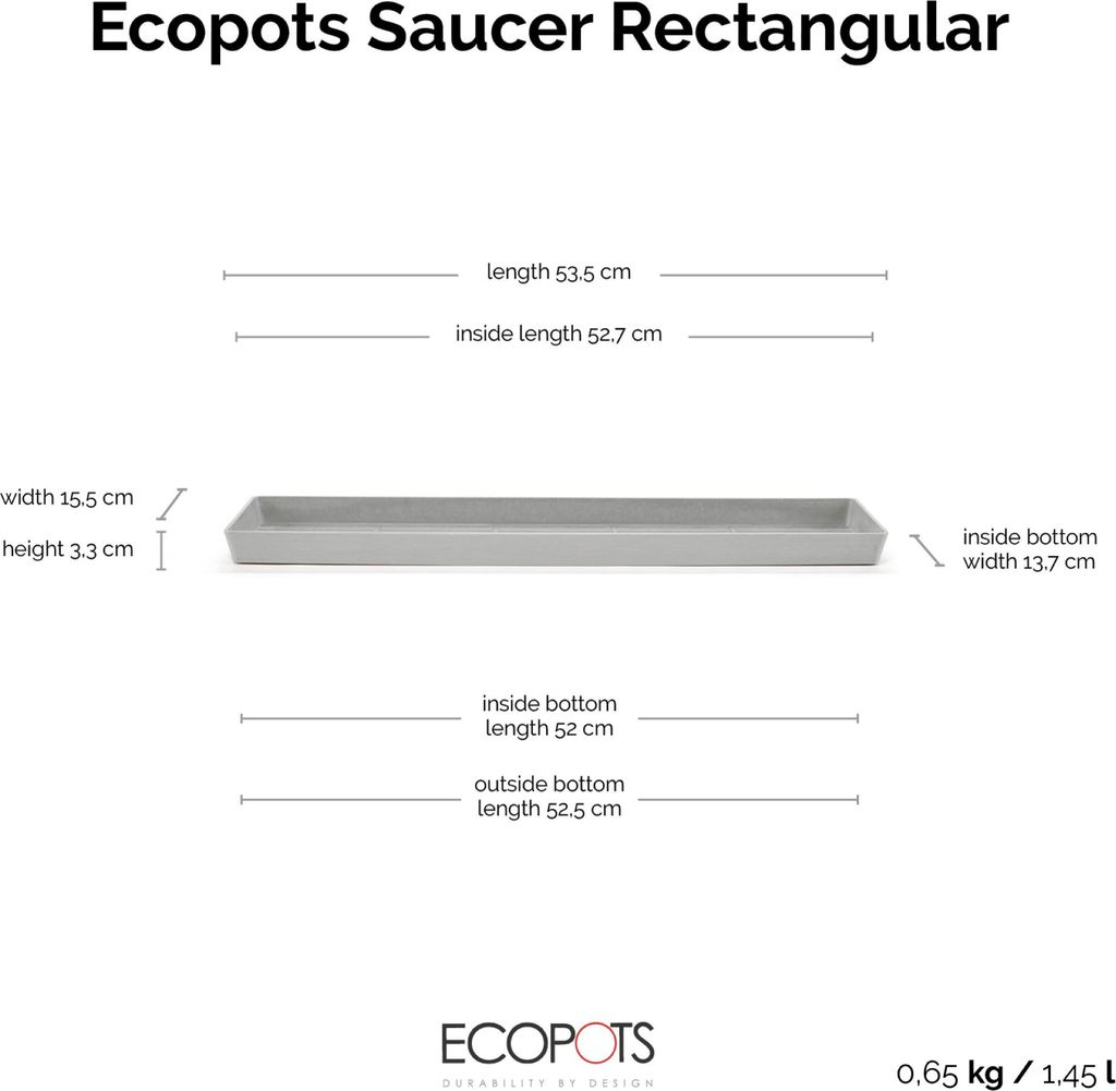 Ecopots Untersetzer rechteckig 55 für Blumentopf - L 53,5 cm x B 15,5 cm x H 3,3 cm - Innen- und Außenbereich