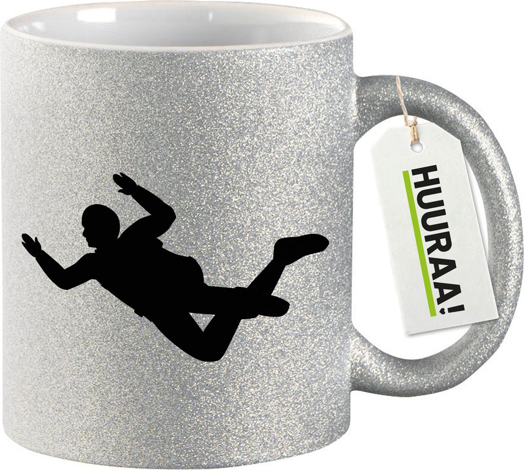 Huuraa Glitzertasse Skydiving Silhouette 330ml Silber Keramik Kaffeebecher Geschenkidee