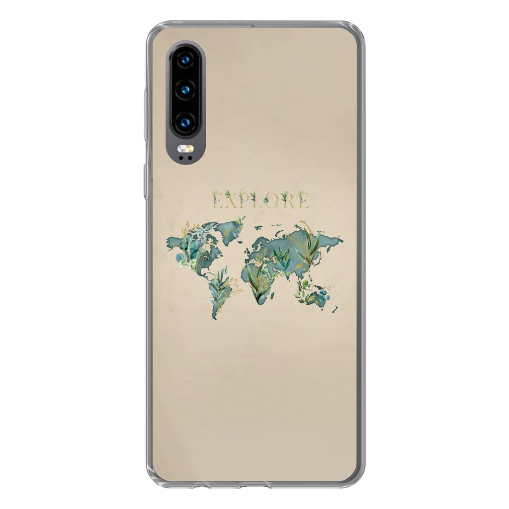 MuchoWow Handyhülle Schutzhülle Hülle für Huawei P30 Weltkarte - Pflanzen - Wasser Silikon Softcase Handy Hülle - Kartenbesitzer
