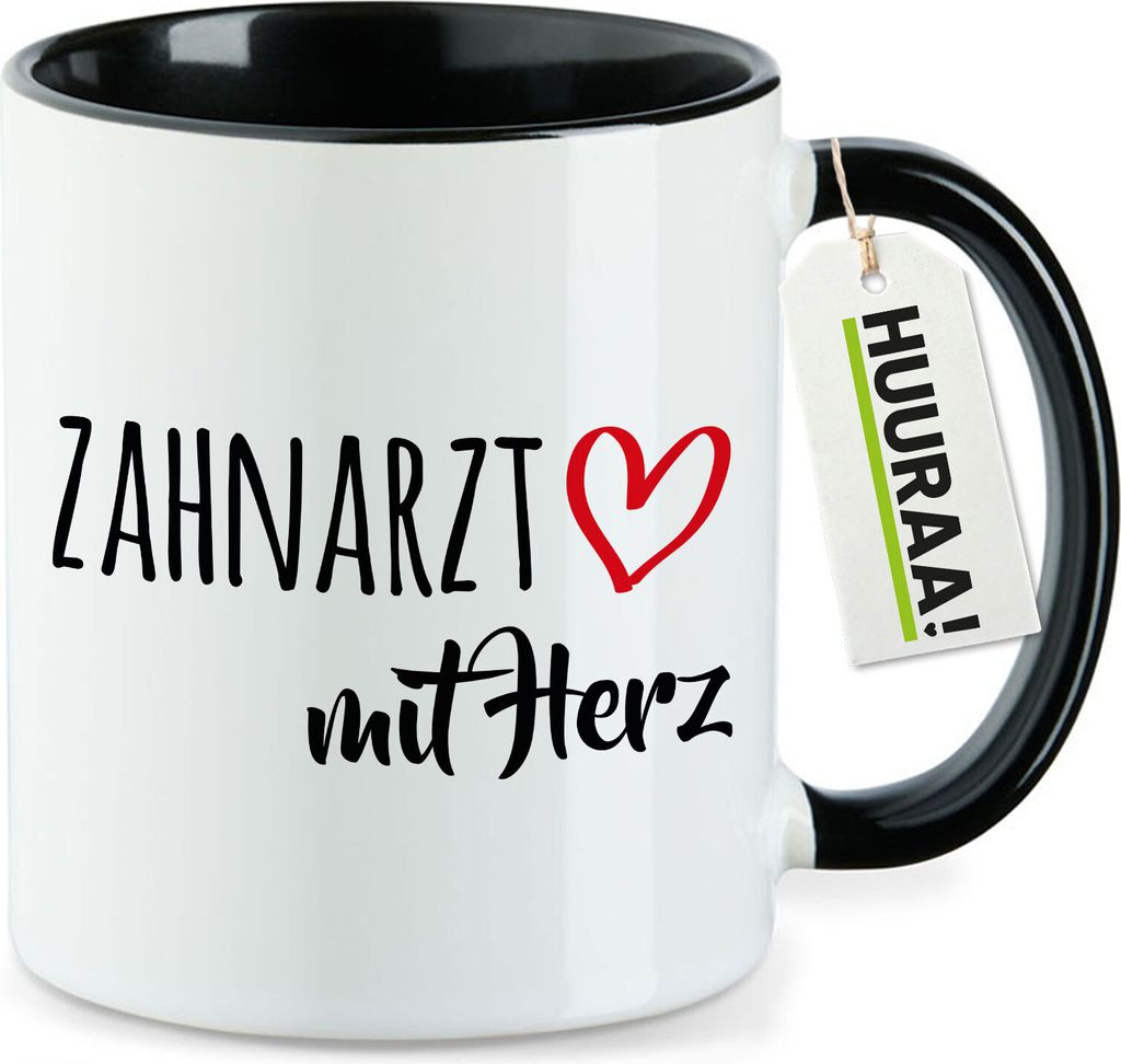 Huuraa Kaffeetasse Zahnarzt mit Herz 330ml Schwarz Keramik Kaffeebecher Geschenkidee