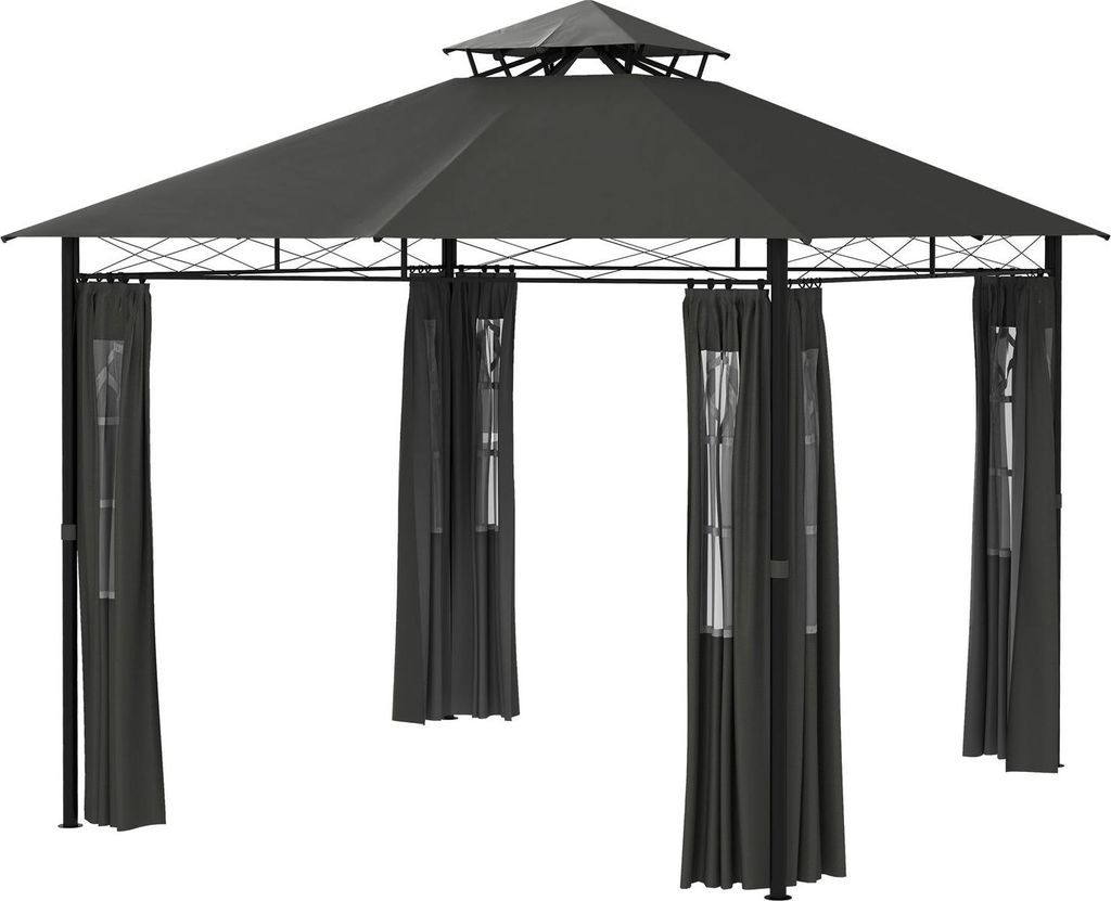 Pavillon Ca. 3 X 3 M, Gartenzelt Mit Seitenwand, Partyzelt Mit Doppeldach, Wetterfest Festzelt, Gartenpavillon, Metall, Dunkelgrau
