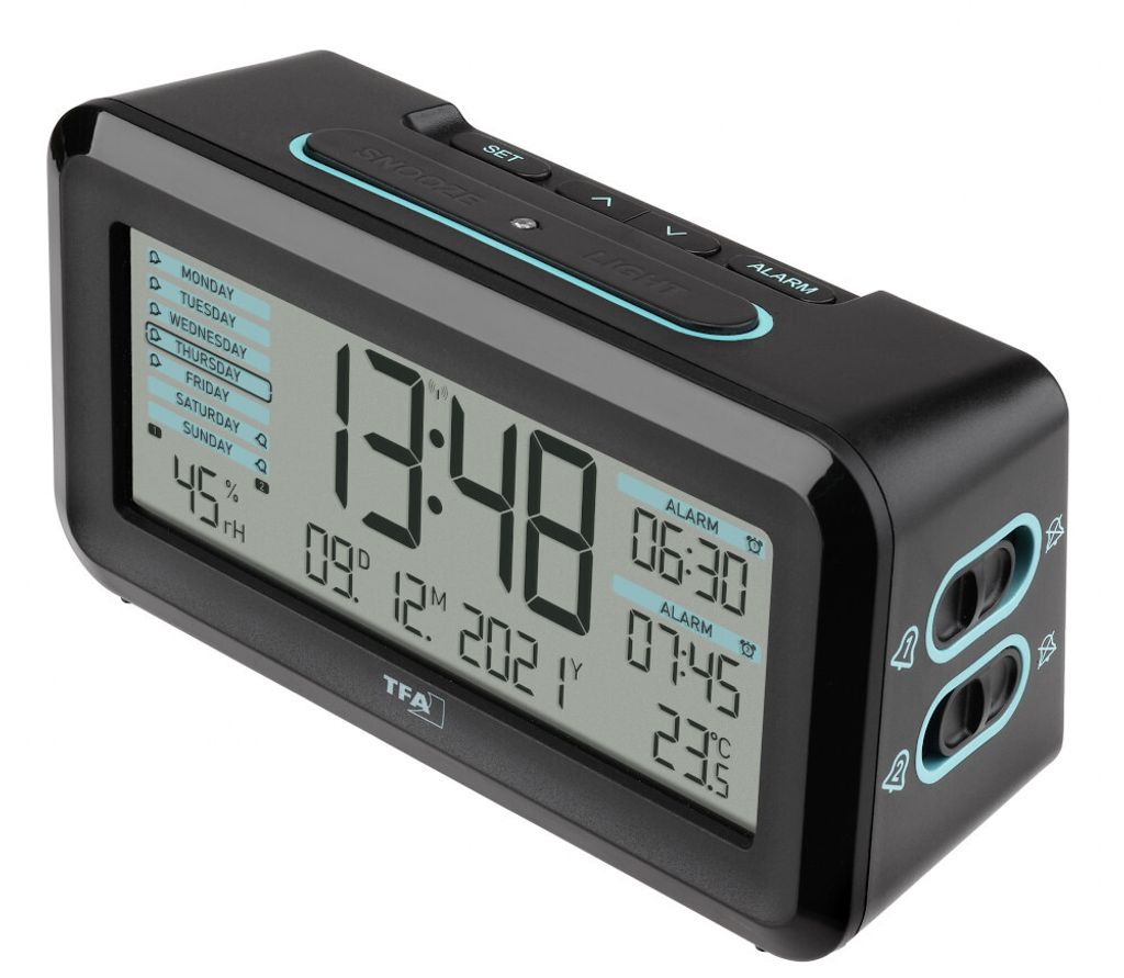 TFA Dostmann 60.2562.01.GB Funk Wecker Schwarz, Hellblau Produktbild 
