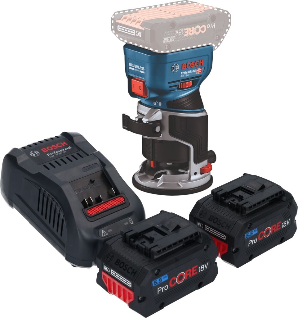 Bosch GKF 18V-8 Professional Akku Kantenfräse 18 V 8,0 mm Brushless + 2x ProCORE Akku 5,5 Ah + Ladegerät
