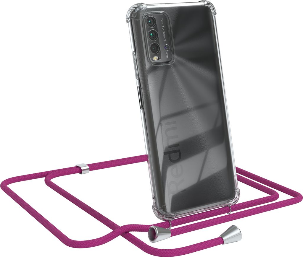 EAZY CASE Handykette kompatibel mit Xiaomi Redmi 9T, Handyhülle mit Umhängeband, Handykordel, Schutzhülle Clear, Band in Rosa