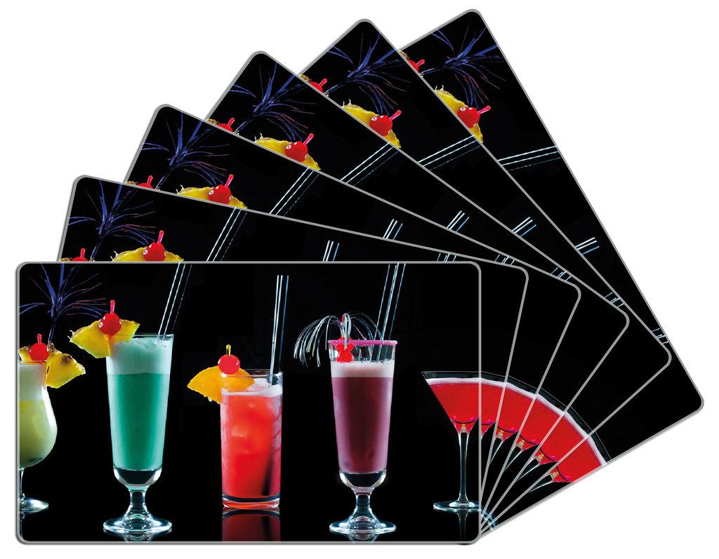 Wallario Frühstücksbrettchen 6er Set aus Glas, je 14 x 23 cm, mit rutschfesten Füßen, Motiv Bunte Cocktails vor schwarzem Hintergrund