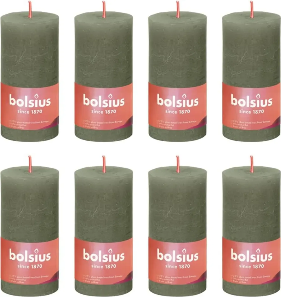 Bougies Cylindriques Rustiques Vert Olive 10x5 cm pour Décoration - 8 pcs