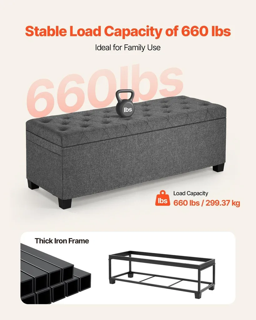 Coffre de rangement rembourré rabattable avec structure métal et poches