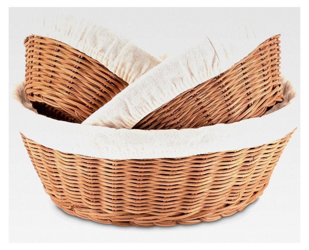 Runder Brotkorb aus geflochtenem Rattan - 3er Set mit Leinentuch - Kleine und große Brötchenkörbe