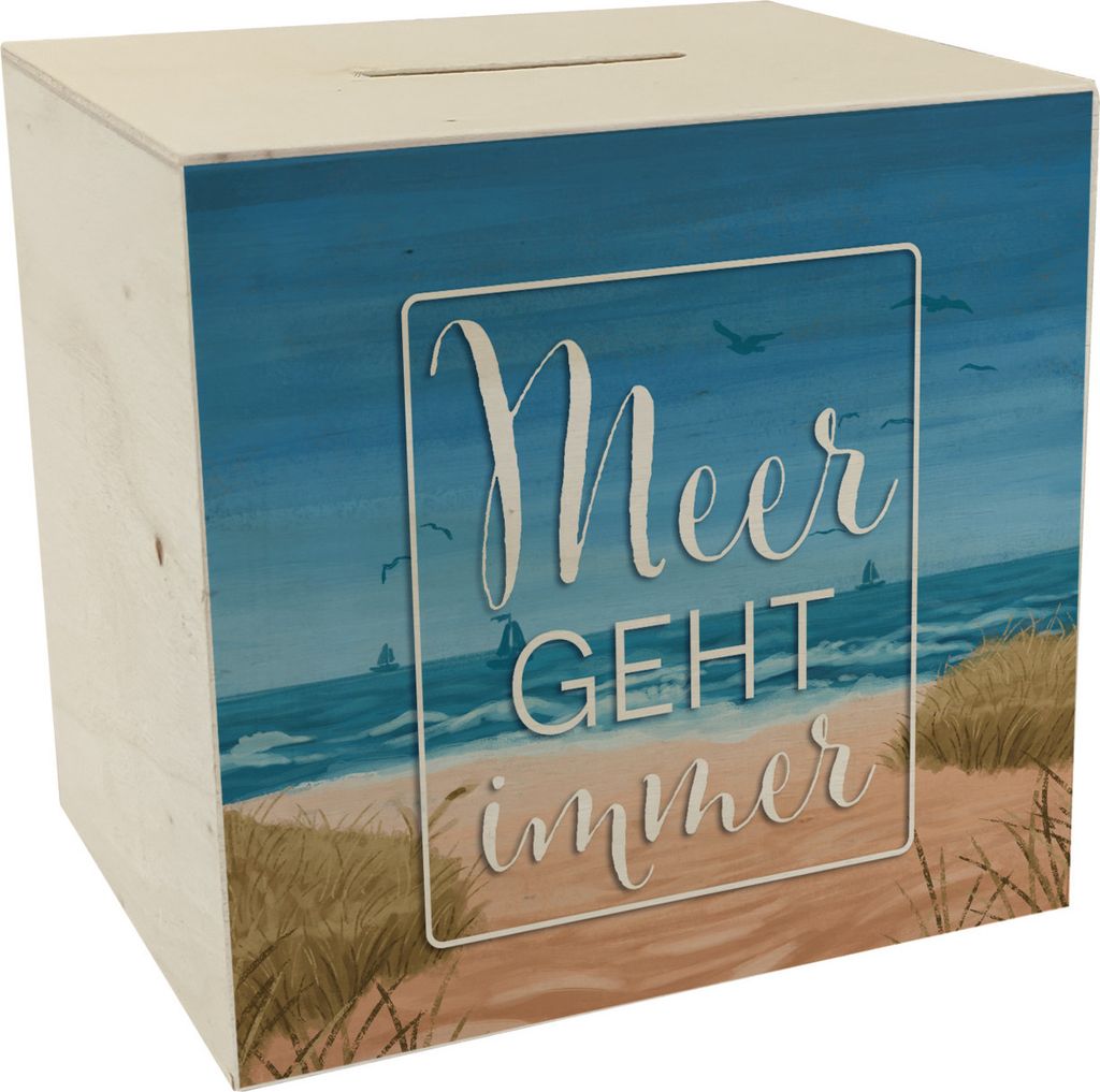 Meer geht immer Spardose aus Holz mit Urlaubsmotiv Produktbild 