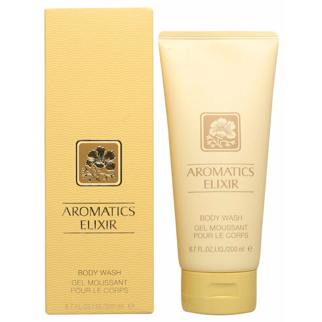 A box and a tube of Clinique Aromatics Elixir body wash are displayed against a white background.