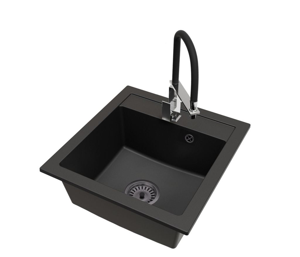 Granitspüle Schwarz mit LUK Armatur Chrom und schwarzem Siphon