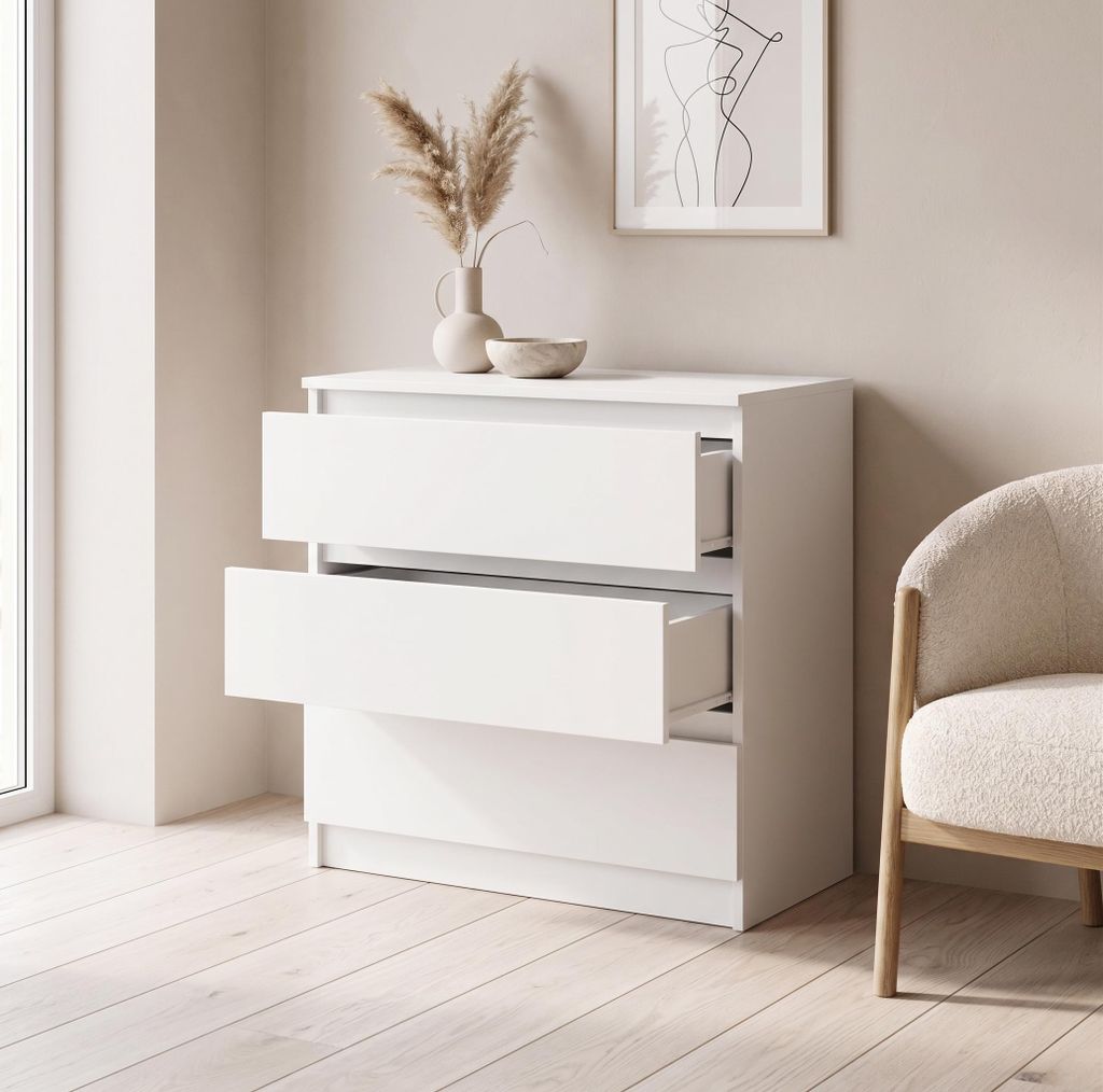 Moderne Kommode mit 3 Schubladen | Weißer Beistellschrank | Schubladenkommode 70x74,5x40 cm | Für Schlafzimmer, Wohnzimmer & Flur, Weiss