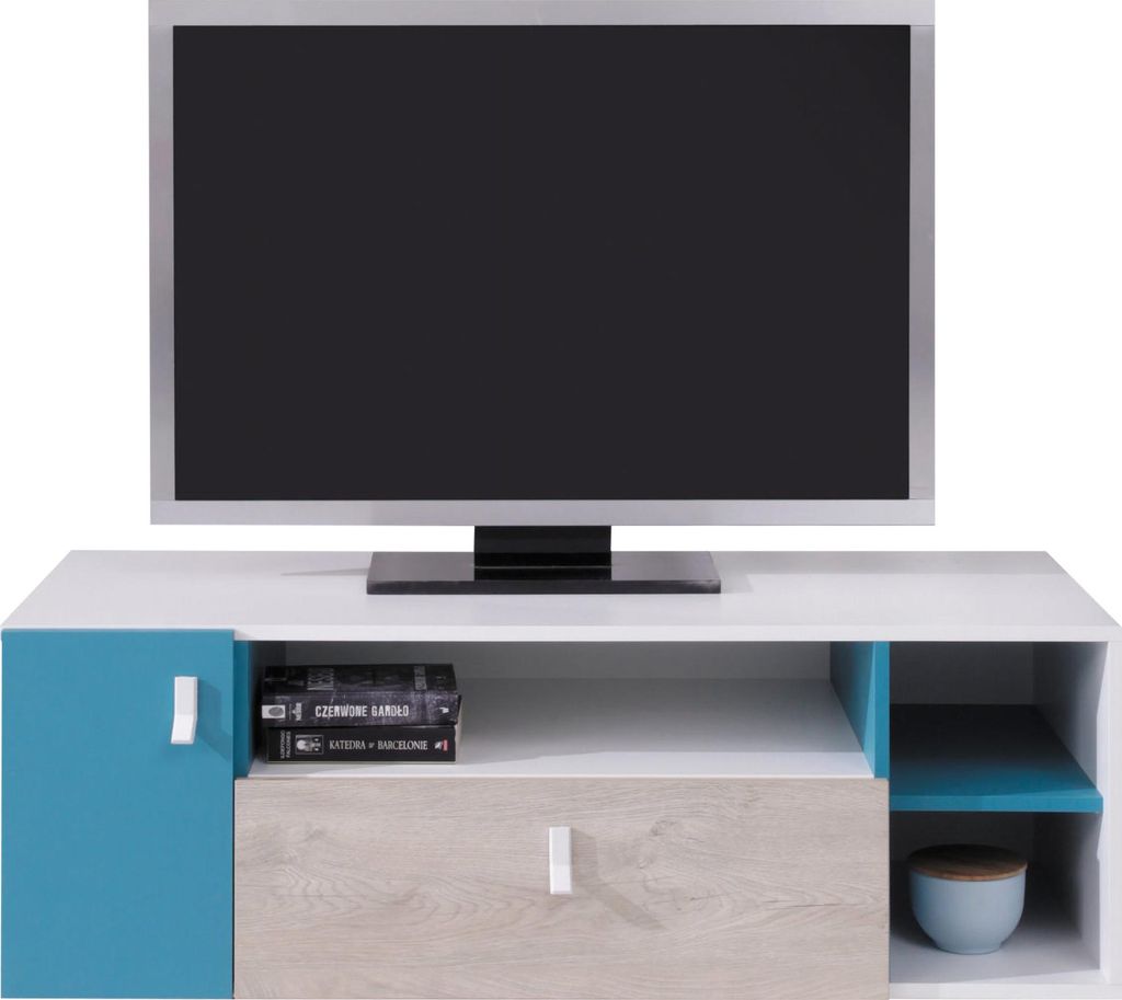 MIRJAN24 TV-Schrank Planet 10 (mit Drehtür und Schublede (Farbe: Weiß / Eiche + Marineblau)