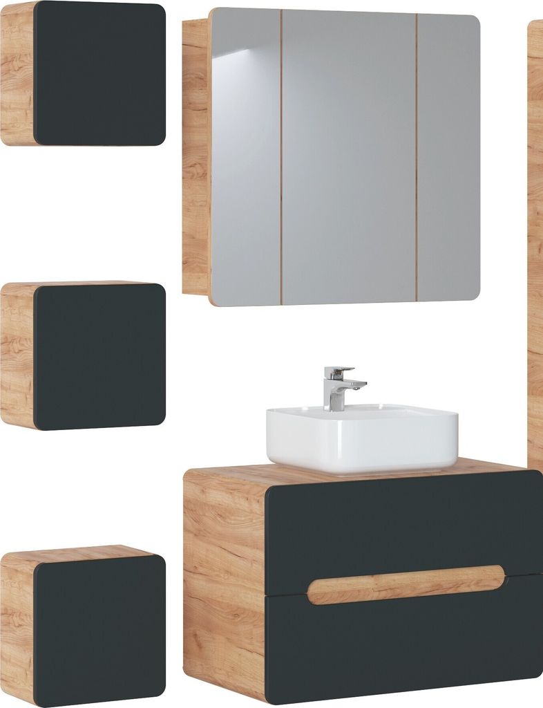 Badmöbel Set ARUBA COSMOS – EICHE-V 80 mit Waschbecken Matt Soft-Close MONTIERT Waschtisch Spiegelschrank 3xHängeschrank